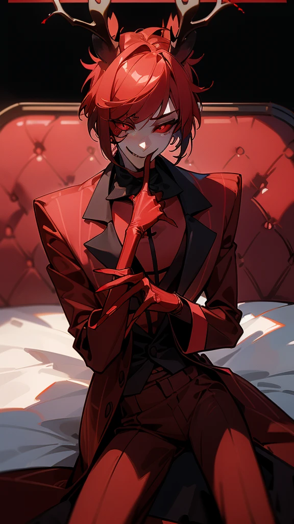 1 boy, man, perfect anatomy, mesmerizing red eyes, antlers, 8k resolution, (one person), red suit, (realism: 1.2), (masterpiece: 1.2), (cowboy frame: 1.2), dark romantic lighting, (high detail: 1.2), (detailed face: 1.2), (full body shot: 1.2), (gradients), bright, detailed eyes, (natural light: 1.2),solo, hotel, indoors, perfect lighting, (black lips), vampire fangs, deer ears, red jacket, red eyes, perfect facial features, perfect angle, perfectly drawn eyes, man, smile, full-length, unbuttoned shirt, skinny, sitting on the bed, mouth bleeding, points his finger at the bed