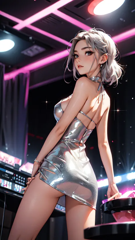 woman in a ((metallic dress)), ((dancing sensual)), ((in front of a dj), sexy dress, sexy girl, trending at cgstation, nightclub...