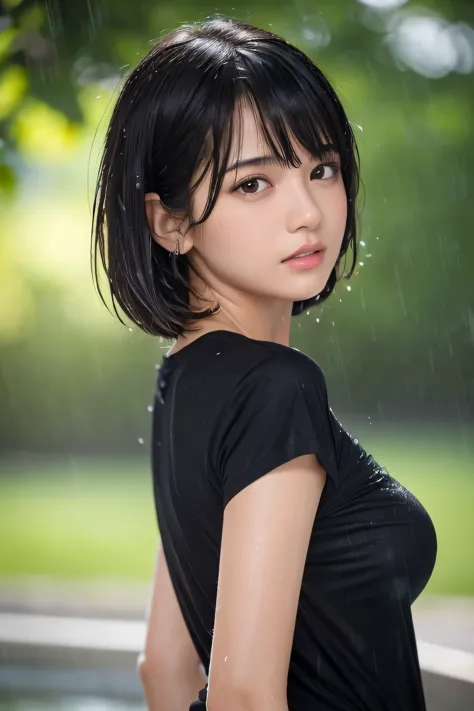 master piece,best quality,ultra-detailed,(looking at view),black hair,realistic,18yo,(bokeh),short hair,straight hair,small breasts,diagonal bangs,sweat,blush,narrow eyes,(orgasm),natural pose,upper body,short sleeves,yellow t-shirt,(rain:1.2),(wet t-shirt:1.2),from side