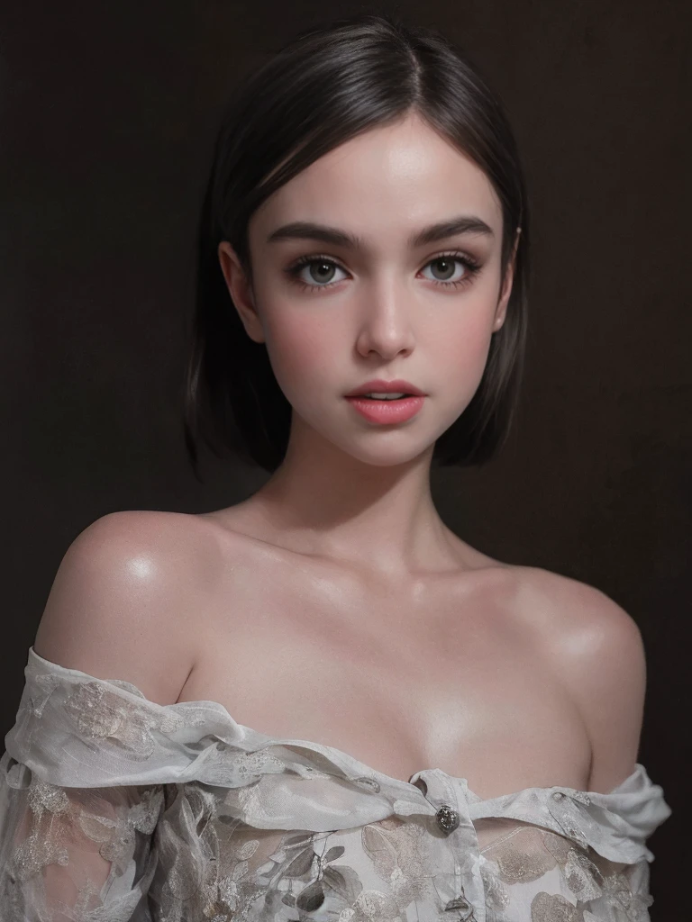 Best quality, masterpiece, ultra high res, (photorealistic:1.5), raw photo, 1girl, offshoulder, in the dark, deep shadow, low key, cold light, sexy look, short hair