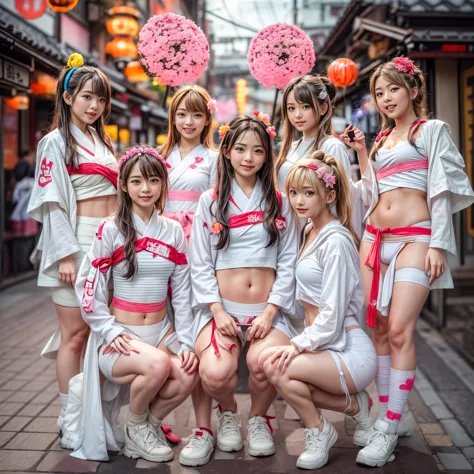 White and Red, ExtremelyDetailed(((GroupPhoto of KAWAII 5 Girls:1.4) (in White Fundoshi and Sarasi Bandage) at Hakata Gion Ymaka...