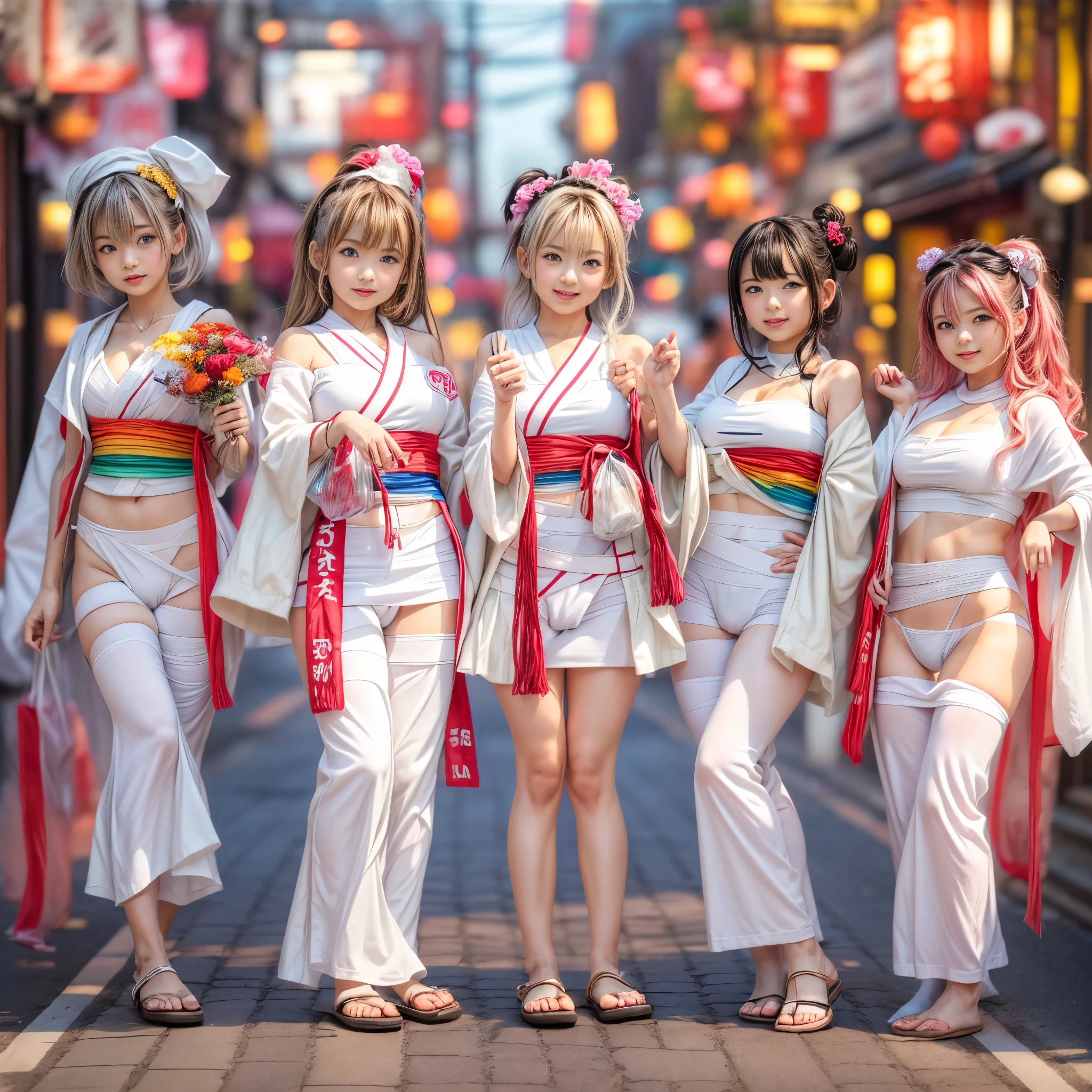 White and Red, ExtremelyDetailed(((GroupPhoto of KAWAII 5 Girls:1.4) (in White Fundoshi and Sarasi Bandage) at Hakata Gion Ymakasa)), {(Standing Full Body:1.2)|(from below:1.2)}, {Different types of hair colors|Braid Hair with bun|OKAPPA}, (Detailed KAWAII face, Detailed Radiant PearlSkin with Transparency), {FlowerHairpins | White Happi-Coat with Red Obi-Belt | FoldingFan |(Childish:1.2)|(Gigantic Cleavage:1.2)|(Underboob:1.2)|((Assfocus)Roundly TinyButts)}, (((Bare-Legs, No-Leg-Wear)))  BREAK  (Acutance:0.85), {Flowers | Downtown|BustlingStreet|(Passerby schoolgirls)| Lanterns | neon | Illuminations | Haze}, {(Dazzling Bullard ColorfulLights)|(Red clouds)}, MysticSight, {:p|:d|laugh|sparkle|joyful|delighted}, DuskSky with ((Dazzling RainbowColor Particles (BokeH))), SFW, 