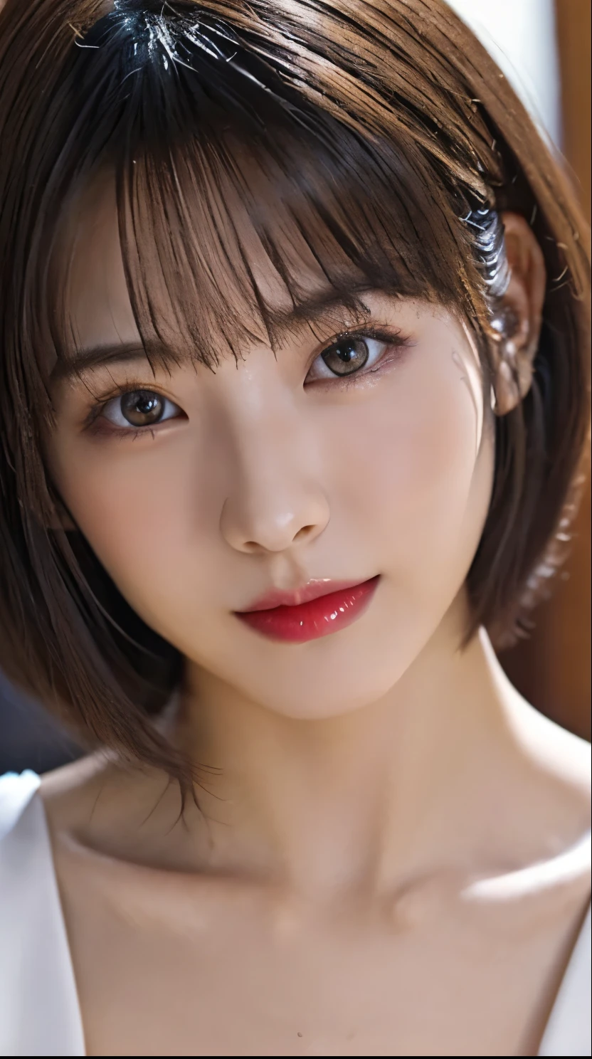 ((顔のBust up photo:1.4))、(Highest quality、Tabletop、8k、Best image quality、Award-winning works)、(One Girl, 14 years old:1.3)、(Perfect naked beautiful girls:1.5)、(A woman with extremely beautiful makeup:1.5)、Perfect Makeup、Long eyelashes、Ultra-high definition sparkling eyes、Ultra HD Hair、Ultra-high resolution glossy lips、Ultra High Resolution Perfect Teeth、Ultra HD cute face、Light blonde hair:1.4、(Very short straight hair:1.1)、Look at me and smile、[clavicle]、Accurate anatomy、(Bust up photo:1.5)、Luxury Love Hotel、(The most atmospheric and warm lighting:1.2)、Blurred Background、With bangs、Ultra-high-definition, shiny, moisturized face、Ultra-high resolution glowing skin、The most detailed face、Super high resolution detailed faces、ultra high resolution hair、Ultra-high resolution sparkling eyes、Beautiful face drawn in every detail、Ultra high resolution glossy red lips