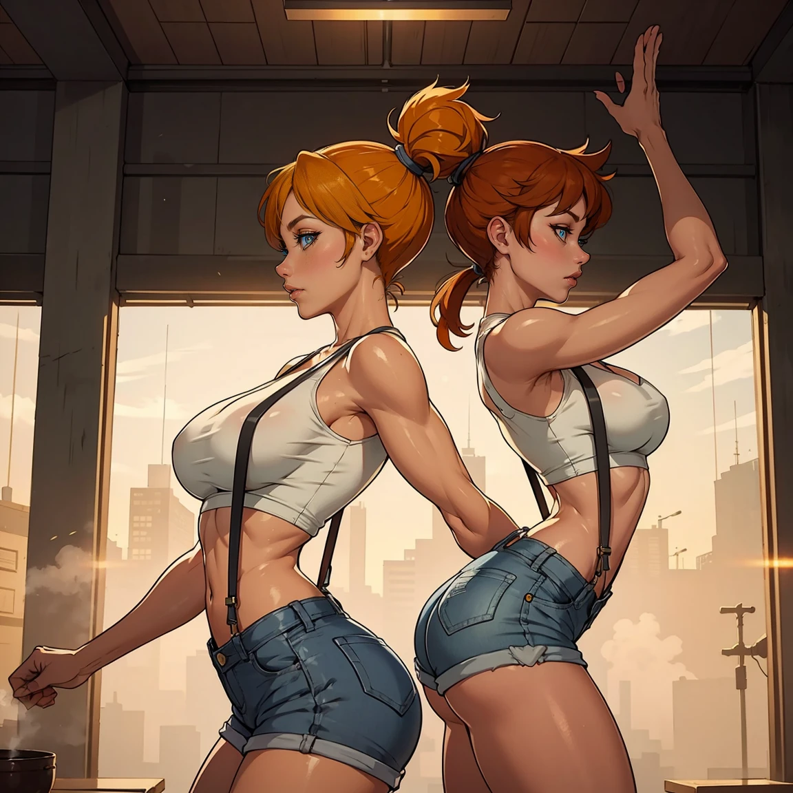 Misty_Pokemon, yellow crop top, suspenders, side ponytail, orange hair, denim shorts, stretching pose, from the side picture, cinematic light, hot posture, perfect body