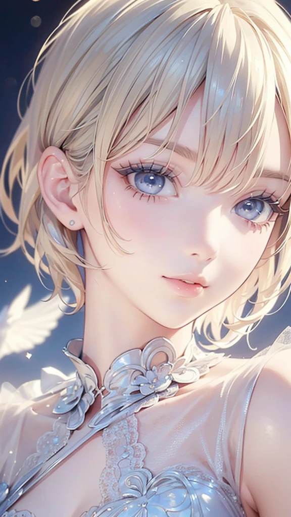 (masterpiece: 1.2, Highest quality),  (Realistic, Intricate details, Depth of subject), Highest quality, masterpiece, Very detailed,  1 girl, Mature Woman, Blonde Short Hair, (Very delicate and beautiful face), (Beautiful eyes in every detail), blue eyes, King&#39;s Clothes,  Slim figure, A crown made of precious gold,