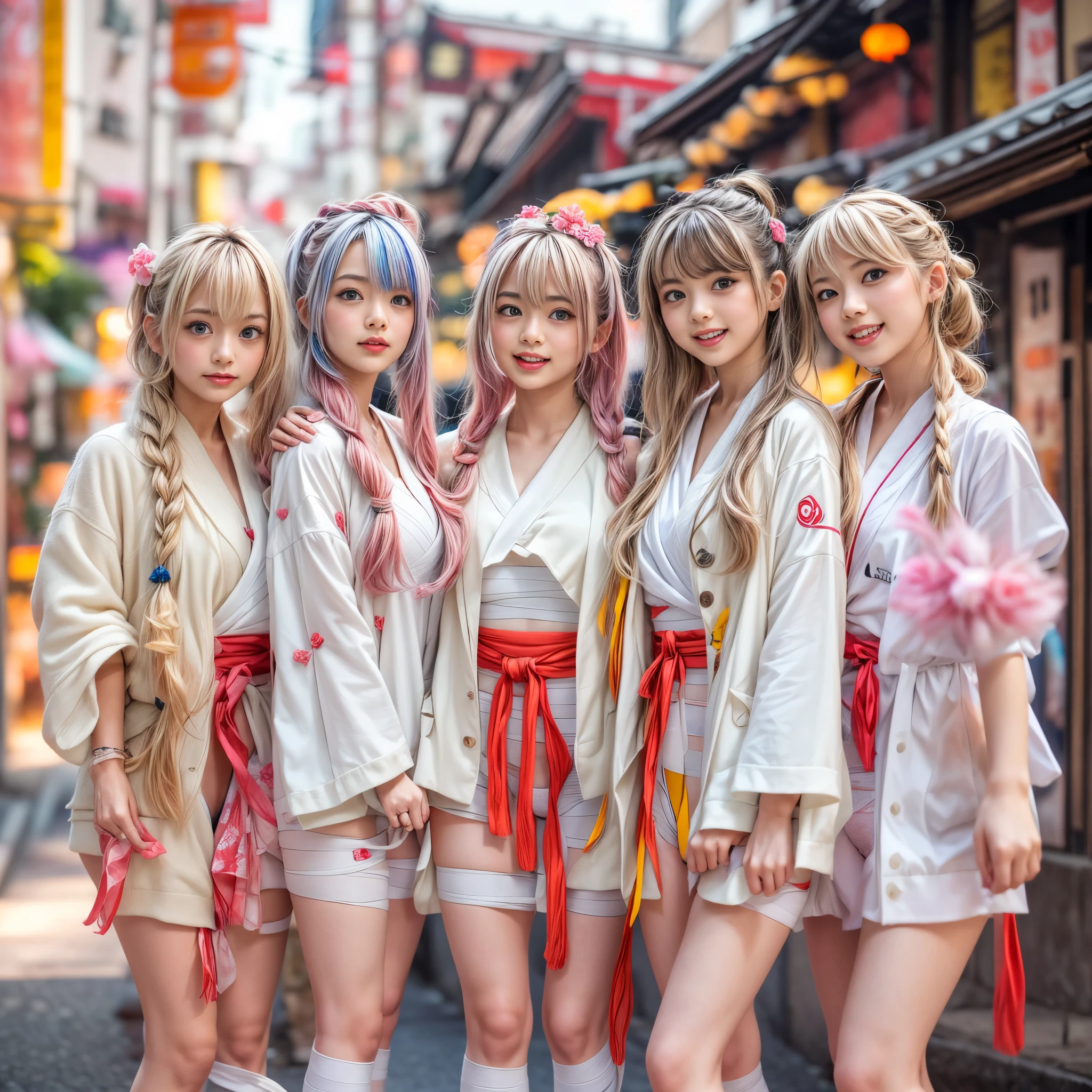 White and Red, ExtremelyDetailed(((GroupPhoto of KAWAII 5 Girls:1.4) (in White Fundoshi and Sarasi Bandage) at Hakata Gion Ymakasa)), {(Standing Full Body:1.2)|(from below:1.2)}, {Different types of hair colors|Braid Hair with bun|OKAPPA}, (Detailed KAWAII face, Detailed Radiant PearlSkin with Transparency), {FlowerHairpins | White Happi-Coat with Red Obi-Belt | FoldingFan |(Childish:1.2)|(Gigantic Cleavage:1.2)|(Underboob:1.2)|((Assfocus)Roundly TinyButts)}, (((Bare-Legs, No-Leg-Wear)))  BREAK  (Acutance:0.85), {Flowers | Downtown|BustlingStreet|(Passerby schoolgirls)| Lanterns | neon | Illuminations | Haze}, {(Dazzling Bullard ColorfulLights)|(Red clouds)}, MysticSight, {:p|:d|laugh|sparkle|joyful|delighted}, DuskSky with ((Dazzling RainbowColor Particles (BokeH))), SFW, 