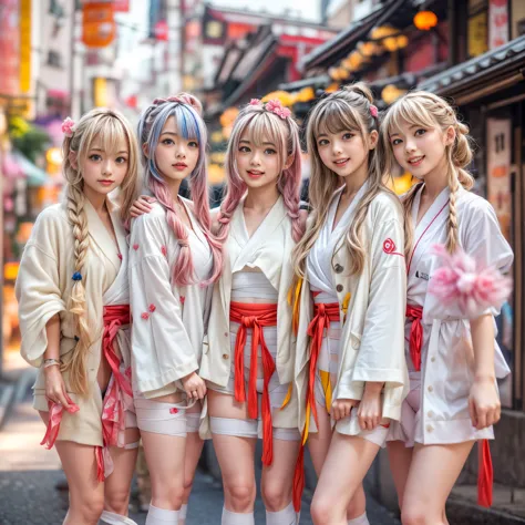 White and Red, ExtremelyDetailed(((GroupPhoto of KAWAII 5 Girls:1.4) (in White Fundoshi and Sarasi Bandage) at Hakata Gion Ymaka...