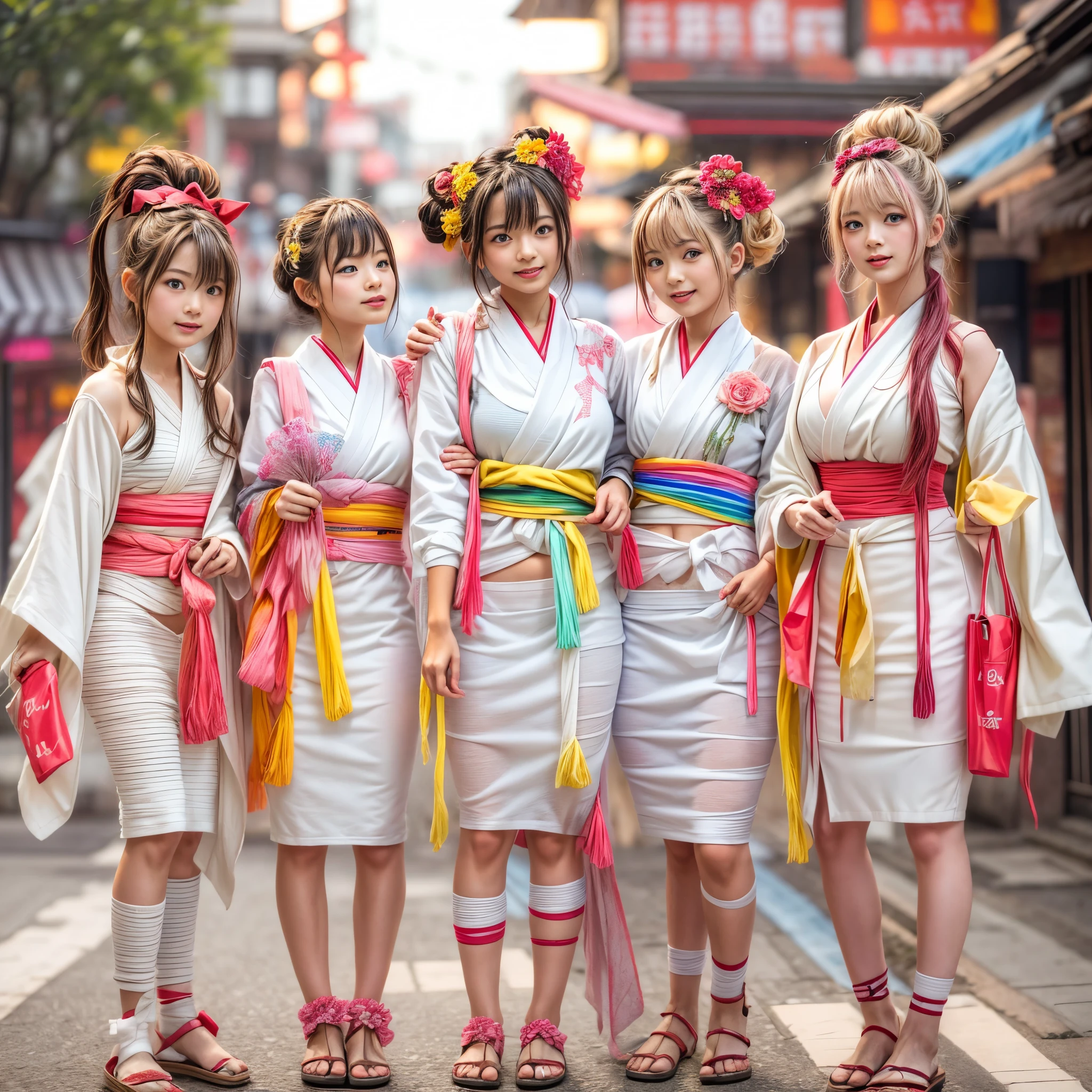 White and Red, ExtremelyDetailed(((GroupPhoto of KAWAII 5 Girls:1.4) (in White Fundoshi and Sarasi Bandage) at Hakata Gion Ymakasa)), {(Standing Full Body:1.2)|(from below:1.2)}, {Different types of hair colors|Braid Hair with bun|OKAPPA}, (Detailed KAWAII face, Detailed Radiant PearlSkin with Transparency), {FlowerHairpins | White Happi-Coat with Red Obi-Belt | FoldingFan |(Childish:1.2)|(Gigantic Cleavage:1.2)|(Underboob:1.2)|((Assfocus)Roundly TinyButts)}, (((Bare-Legs, No-Leg-Wear)))  BREAK  (Acutance:0.85), {Flowers | Downtown|BustlingStreet|(Passerby schoolgirls)| Lanterns | neon | Illuminations | Haze}, {(Dazzling Bullard ColorfulLights)|(Red clouds)}, MysticSight, {:p|:d|laugh|sparkle|joyful|delighted}, DuskSky with ((Dazzling RainbowColor Particles (BokeH))), SFW, 