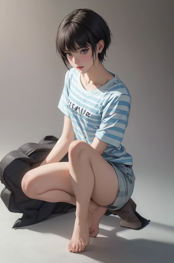 ((masterpiece, Highest quality)),((High resolution:1.2)), 1 girl, alone, Blurred Background, (((Small breasts))), Thighs, (Striped underwear), T-Shirts, (Pixie Cut:1.3), Kneel, Squat