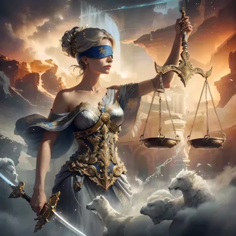 a lady holding a scale and sword in her hand, greek titan goddess themis, by Pablo Munoz Gomez, justice, zodiac libra sign, by László Balogh, by Nicholas Marsicano, libra, libra symbol, by Alexander Kucharsky, by Eugeniusz Zak, by Ignacio Zuloaga, "A female lawyer depicted as Lady Justice. She is dressed in a modern, tailored dark grey suit with a white blouse, standing confidently. She wears a blindfold, symbolizing impartiality, and holds a pair of traditional weighing scales in one hand and a sword in the other. Her expression is calm and resolute. The background features a grand courtroom,