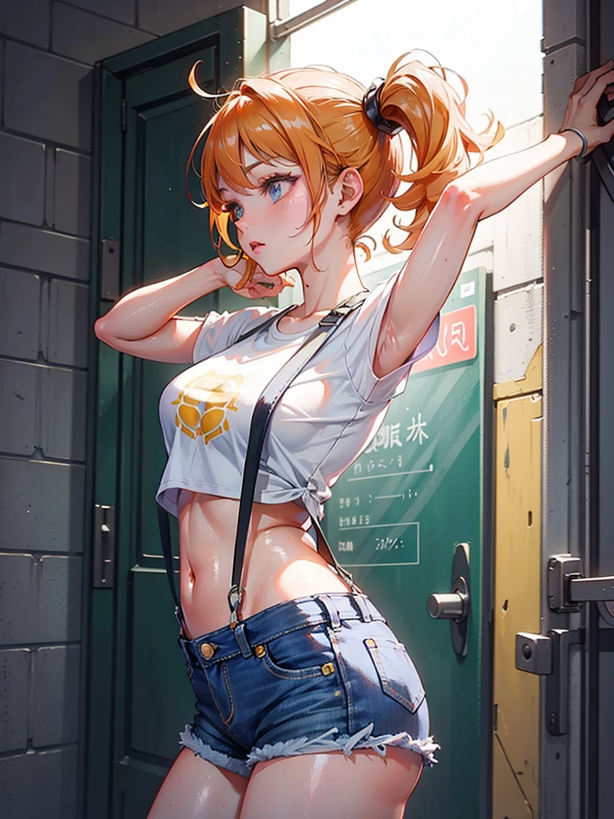 Misty_Pokemon, yellow crop top, suspenders, side ponytail, orange hair, denim shorts, stretching pose, from the side picture, cinematic light, hot posture, perfect body