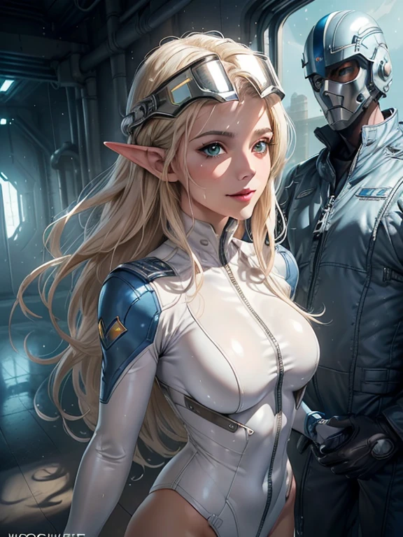 masterpiece, Highest quality, Highly detailed CG Unity 8K wallpapers,((whole body)), ((Spaceship hangar)), (Long pointy ears), (Elegant long wavy platinum blonde hair), (A toned and slender body), ((Average Chest Circumference, Self-illuminating skin)), (((A skimpy white and blue military pilot suit))),(((Holding a helmet))), (Mechanical Circlet), (Sweaty, Wet white skin), (blush), (Captivating smile), (so beautiful, Symmetrical face), Detailed and beautiful green eyes, fine grain, Key Art, Awards, intricate detail realism hdr, Photorealism, Hyperrealism, Ultra-realistic, Dramatic Light, Strong Shadows, Nice views, Written boundary depth,