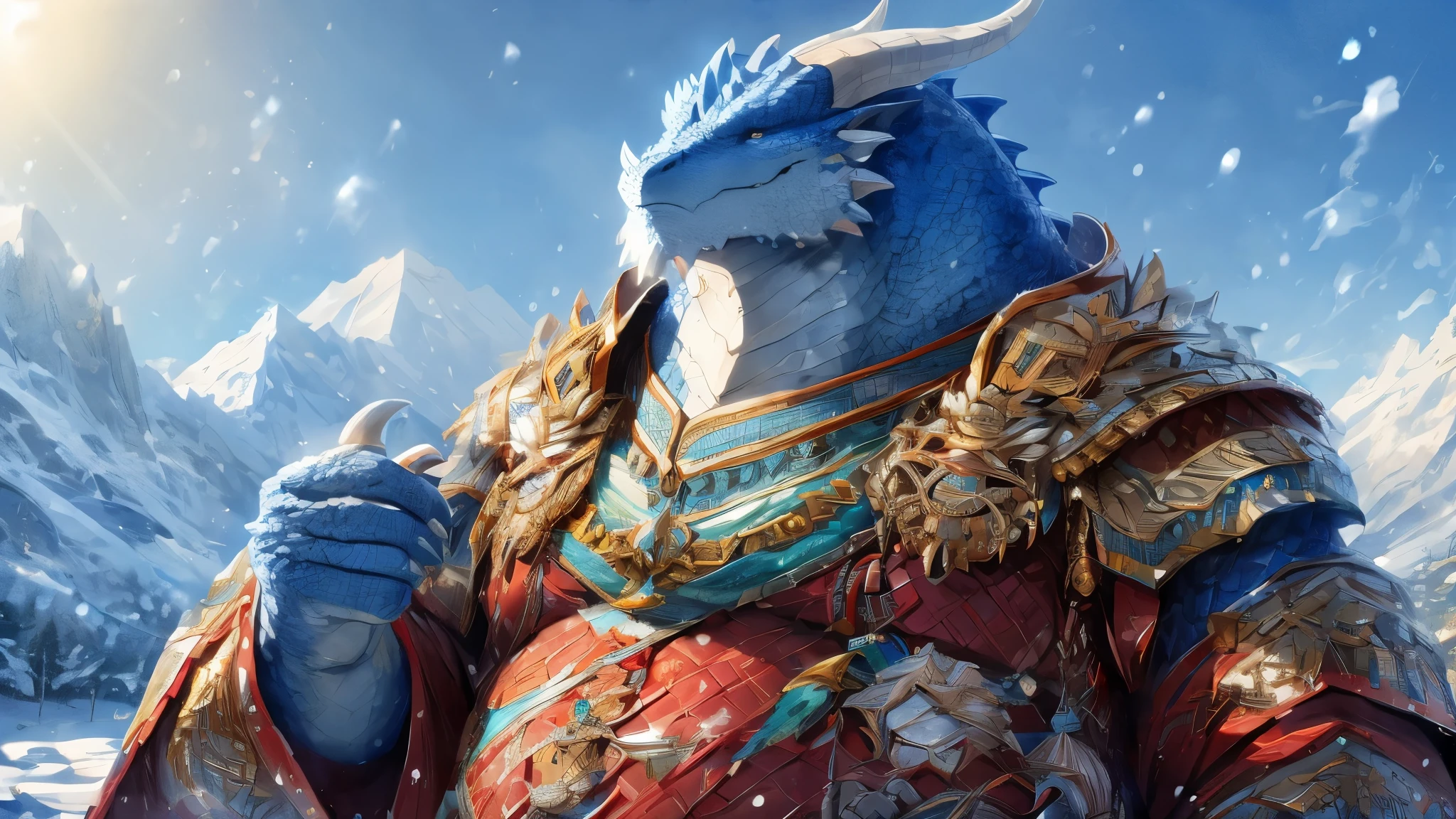 a big fat old dragon, humanoid, with blue scales, serene gaze, wearing Chinese armor in a snowy field and clear sky