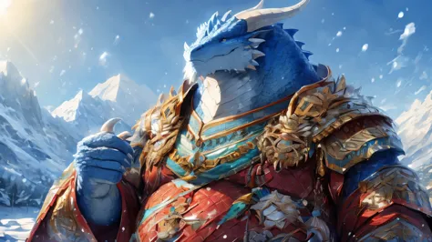 a big fat old dragon, humanoid, with blue scales, serene gaze, wearing chinese armor in a snowy field and clear sky