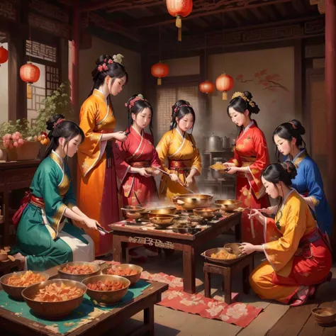 painting of a group of women in traditional clothing preparing food, traditional painting, ancient chinese art style, for Qu Lei...