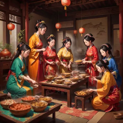 painting of a group of women in traditional clothing preparing food, traditional painting, ancient chinese art style, for Qu Lei...