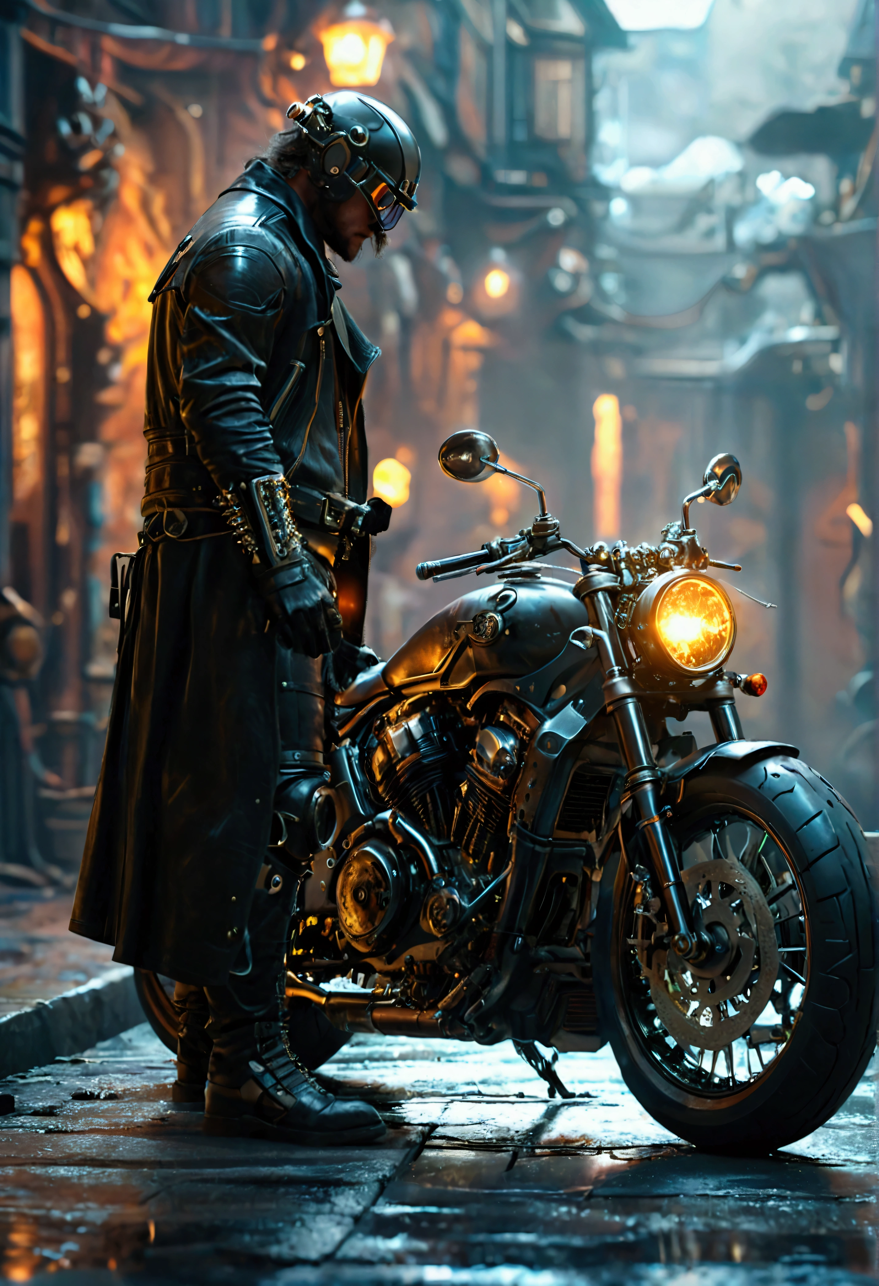 there is a man in a black leather coat standing next to a motorcycle, fantasy style 8 k octane render, riding steampunk motorcycle, futuristic dieselpunk street, cinematic 4k octane render, black octane render, dieselpunk setting, sitting on cyberpunk motorbike, octane highly detailed cinematic, in style of dieselpunk, octane render cinematic, 4 k cinematic octane render, dieselpunk look