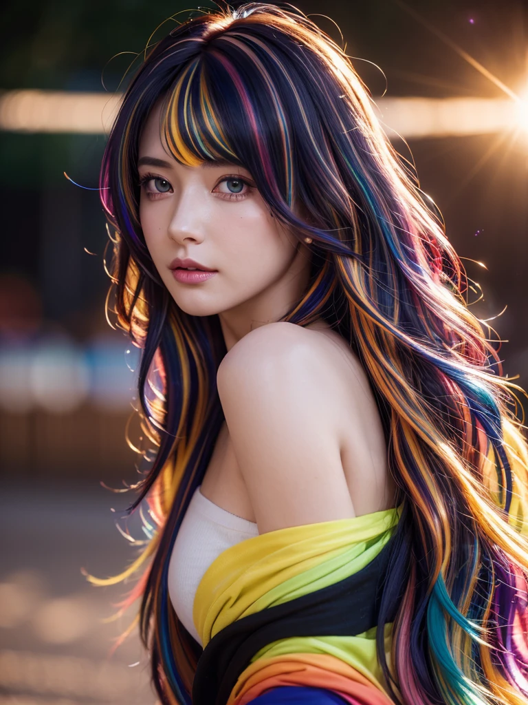 {{obra de arte}}, mais alta qualidade, Papel de parede CG Unity 8k altamente detalhado, iluminação cinematográfica, reflexo de lente, lindos olhos detalhados, preto, linha lateral, cabelo multicolorido, colorida light, partícula, heterochromia, (colorida:1.5), (colorida hair:1.5),
