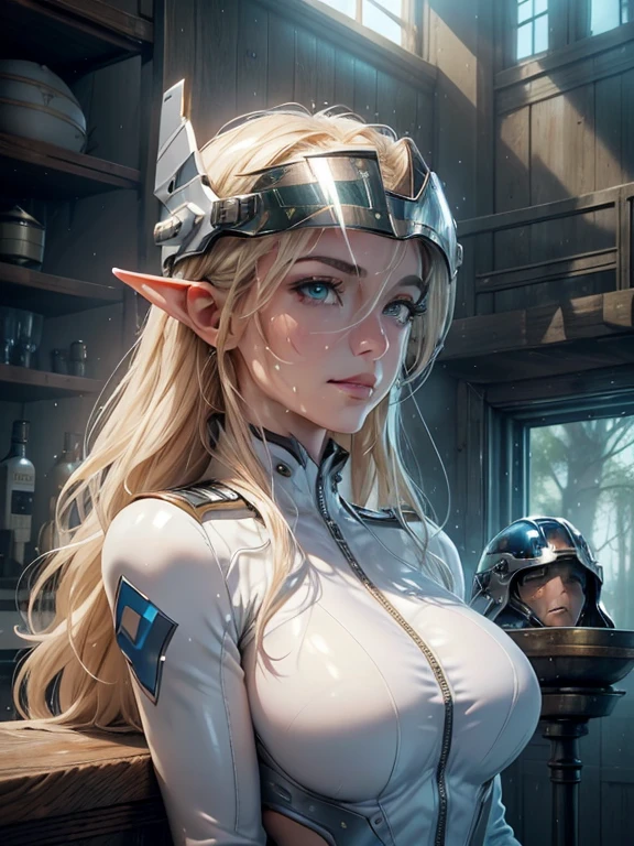 masterpiece, Highest quality, Highly detailed CG Unity 8K wallpapers,((whole body)), ((Spaceship hangar)), (Long pointy ears), (Elegant long wavy platinum blonde hair), (A toned and slender body), ((Average Chest Circumference, Self-illuminating skin)), (((A skimpy white and blue military pilot suit))),(((Holding a helmet))), (Mechanical Circlet), (Sweaty, Wet white skin), (blush), (Captivating smile), (so beautiful, Symmetrical face), Detailed and beautiful green eyes, fine grain, Key Art, Awards, intricate detail realism hdr, Photorealism, Hyperrealism, Ultra-realistic, Dramatic Light, Strong Shadows, Nice views, Written boundary depth,