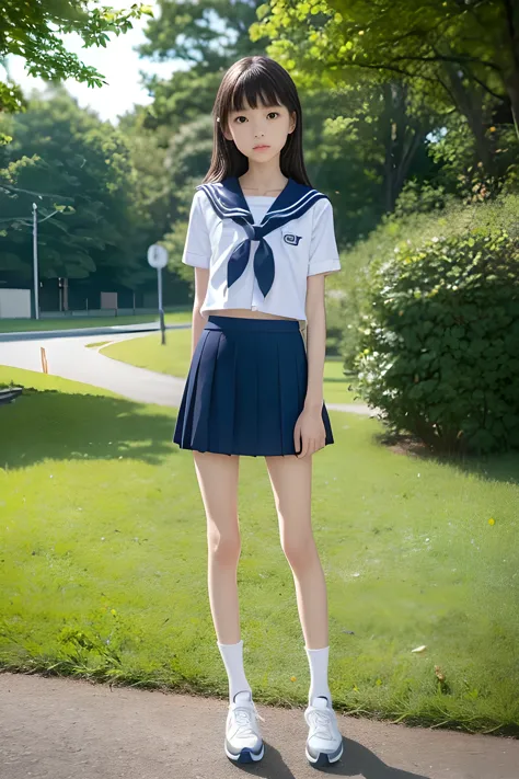 (8K、RAW Photos、highest quality、masterpiece:1.2), (Realistic、Photorealistic:1.2), (High resolution skin:1.1), Beautiful young girl,japanese, 11 years old,small breasts,(Slender girl:1.4),(Thin legs:1.4),dark blue mini skirt,sailor suit, White high socks, Short sleeve,sneakers, whole body,park,standing