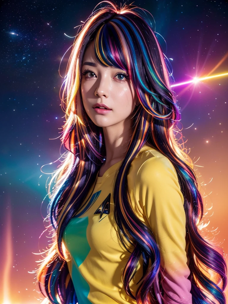 {{masterpiece}}, highest quality, Highly detailed CG Unity 8K wallpaper, cinematic lighting, Lens flare, beautiful detailed eyes, black, side line, multi-colored hair, colorful light, particle, heterochromia, (colorful:1.5), (colorful hair:1.5),
Star Trek uniform 