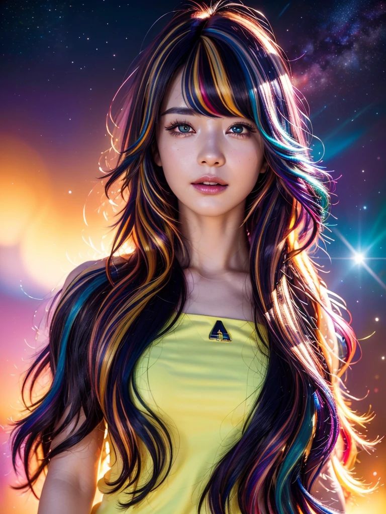 {{masterpiece}}, highest quality, Highly detailed CG Unity 8K wallpaper, cinematic lighting, Lens flare, beautiful detailed eyes, black, side line, multi-colored hair, colorful light, particle, heterochromia, (colorful:1.5), (colorful hair:1.5),
Star Trek uniform 