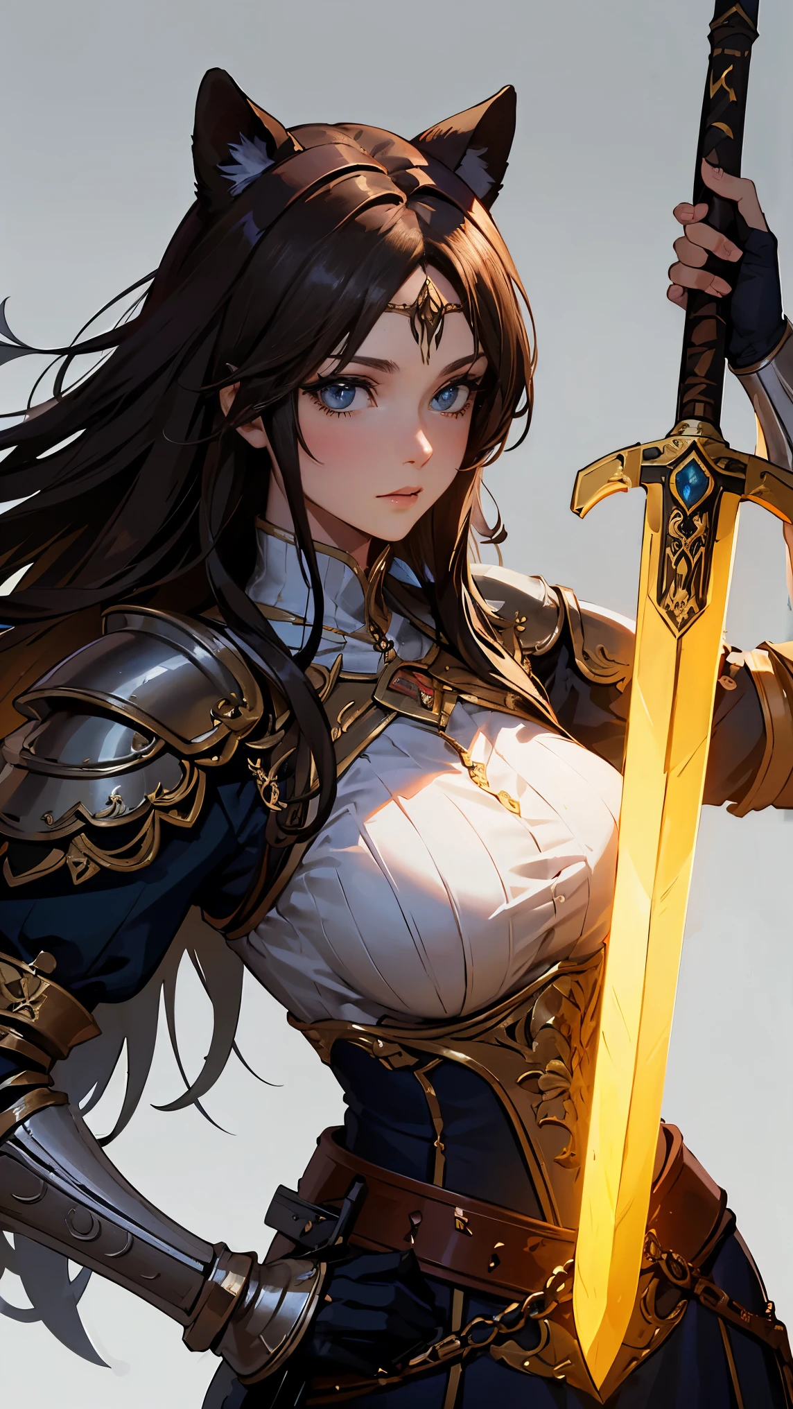 ((best quality)), ((masterpiece)), (detailed), perfect face, Highly detailed face, detailed eyes, (looking at viewer:1.2), (brown hair), bangs, ((hair over shoulder)), floating hair, raccoon ears, black armor worn by medieval Western knights, the shiny design, the toned waist, the fantasy novels, the powerful gaze, ((she holds a long, huge sword that shines red)), , grip the sword, hold the sword, fantasy art, Goldsmith Armor, burning ruins, forehead protector, 