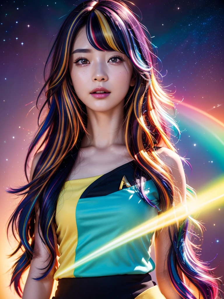 {{masterpiece}}, highest quality, Highly detailed CG Unity 8K wallpaper, cinematic lighting, Lens flare, beautiful detailed eyes, black, side line, multi-colored hair, colorful light, particle, heterochromia, (colorful:1.5), (colorful hair:1.5),
Star Trek red uniform, asian girl,