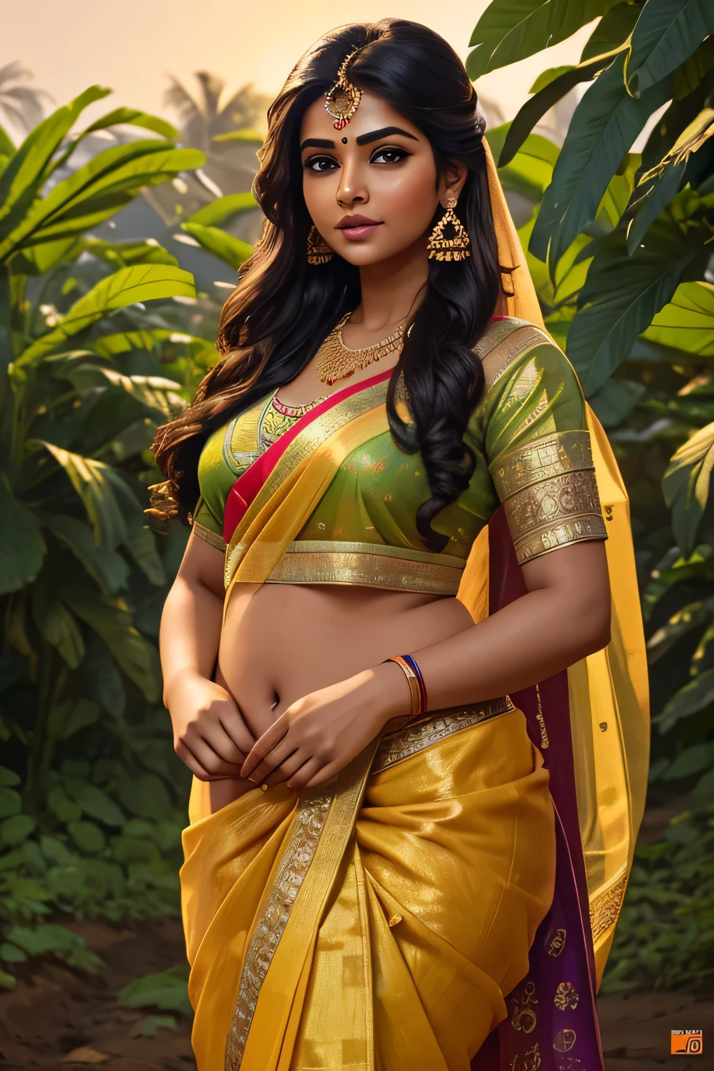 A beautiful indian girl, extremely detailed face, stunning eyes, long eyelashes, luscious lips, chubby curvy figure, wearing a small colorful sari, posing seductively while farming, photorealistic, 8k, hyper detailed, cinematic lighting, dramatic colors, intricate patterns, natural environment, outdoor landscape