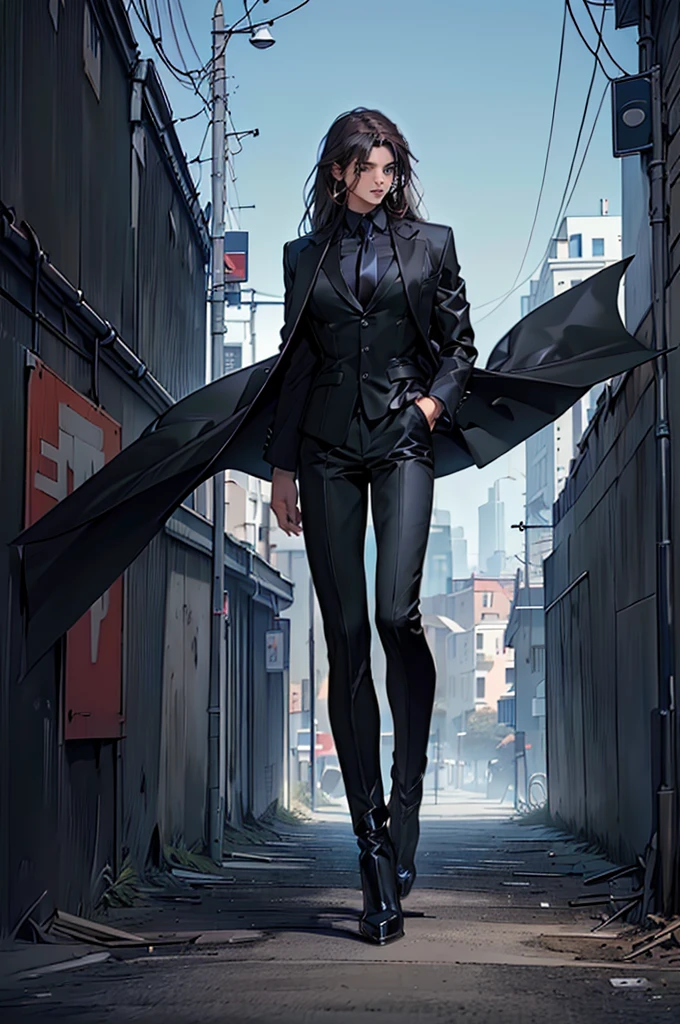 1male, city background, cold stare, dead eyes, masterpiece, best quality, highly detailed,((suit, black jacket, black pants, black suit, blue shirt, tight shirt, fancy suit, business suit)), ((Leatherboots, militaristic boots, black boots)), long hair, brown hair, ((full body:1.5)), open shirt