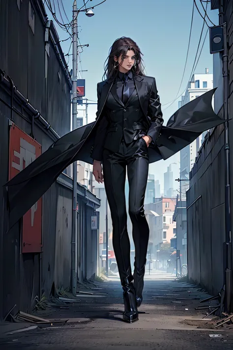 1male, city background, cold stare, dead eyes, masterpiece, best quality, highly detailed,((suit, black jacket, black pants, bla...