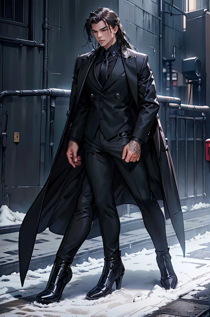 1male, city background, cold stare, dead eyes, masterpiece, best quality, highly detailed,((suit, black jacket, black pants, black suit, blue shirt, tight shirt, fancy suit, business suit)), ((Leatherboots, militaristic boots, black boots)), long hair, brown hair, ((full body:1.5)), open shirt