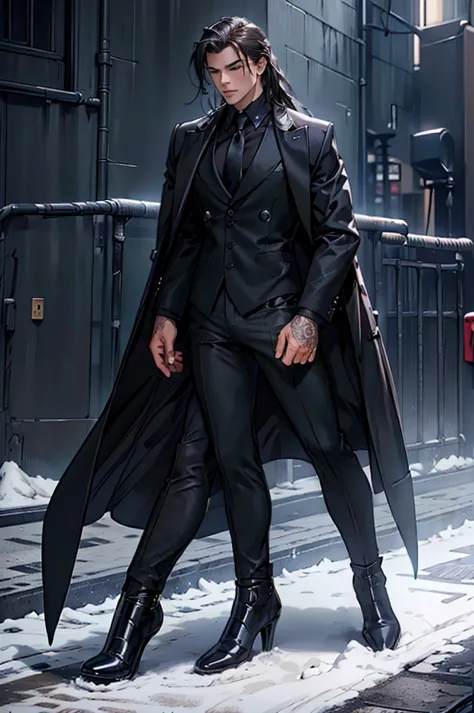 1male, city background, cold stare, dead eyes, masterpiece, best quality, highly detailed,((suit, black jacket, black pants, bla...