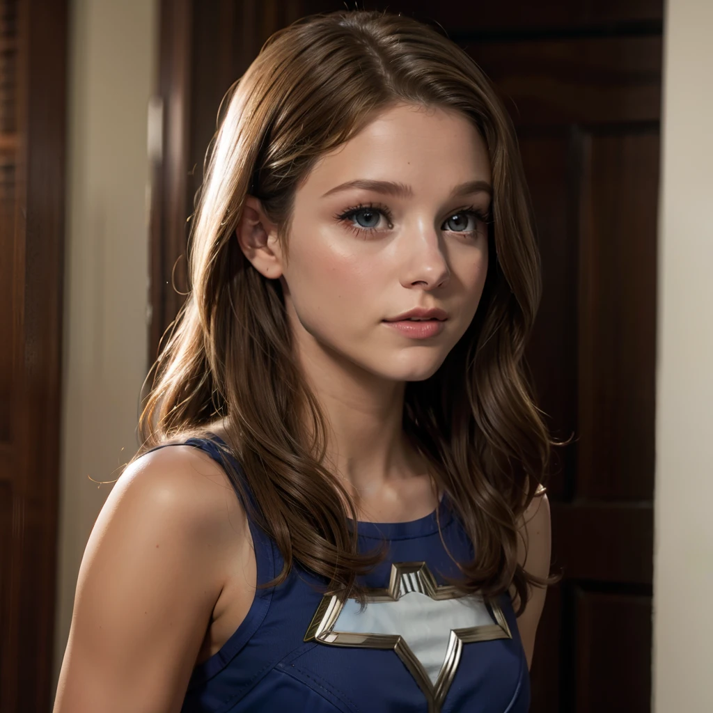 Melissa Benoist&#39;as coxas abertas,Sob Supergirl&#39;saia,Calcinha branca,Fotografando por baixo,Vento de baixo,nulo,sozinho, Cape,saia vermelha,Camiseta azul justa de manga comprida,