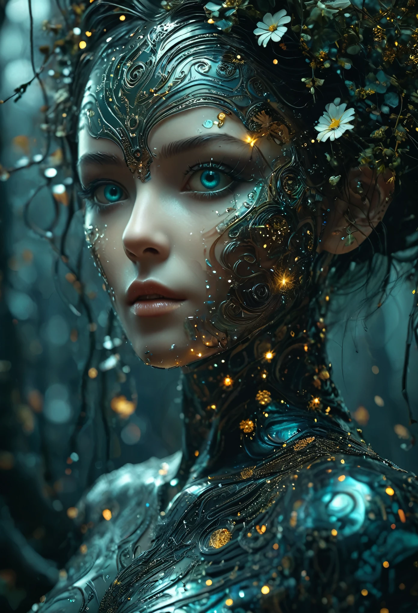 Create an image where the treetops are decorated with twinkling lights, merging nature with a magical starry atmosphere. (Little funny robot, porcelain face and head, big turquoise eyes) perfect eyes double exposure, floral fantasy, dark sci-fi. Gothic biomechanical essence in art deco style,
Her punkish, tattooed, voodoo-like figure is partially hidden in a swirling dress of obsidian silk printed with delicate filigree floral patterns that echo the inimitable style of Gustav Klimt. Finding yourself in an environment of reflective holographic mirror panels,
which split the space around her into a scattering of angular contrasts, a background of shadows on a bright background