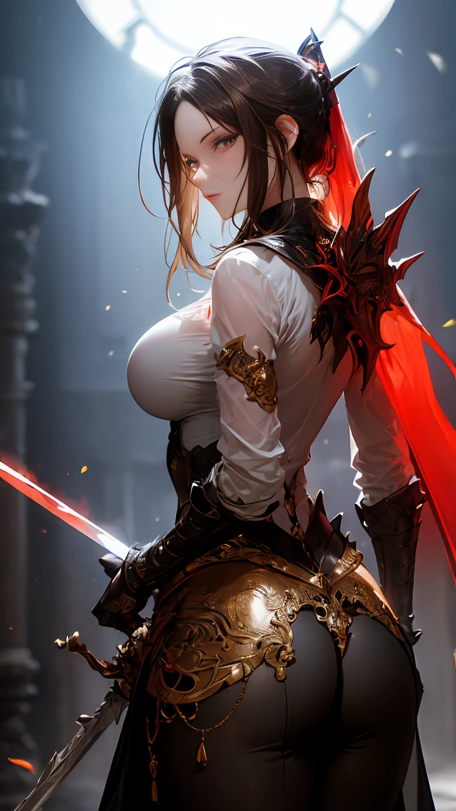 ((best quality)), ((masterpiece)), (detailed), perfect face, Highly detailed face, detailed eyes, (looking at viewer:1.2), (brown hair), bangs, ((hair over shoulder)), floating hair, raccoon ears, black armor worn by medieval Western knights, the shiny design, the toned waist, the fantasy novels, the powerful gaze, ((she holds a long, huge sword that shines red)), , grip the sword, hold the sword, fantasy art, Goldsmith Armor, burning ruins, forehead protector, 