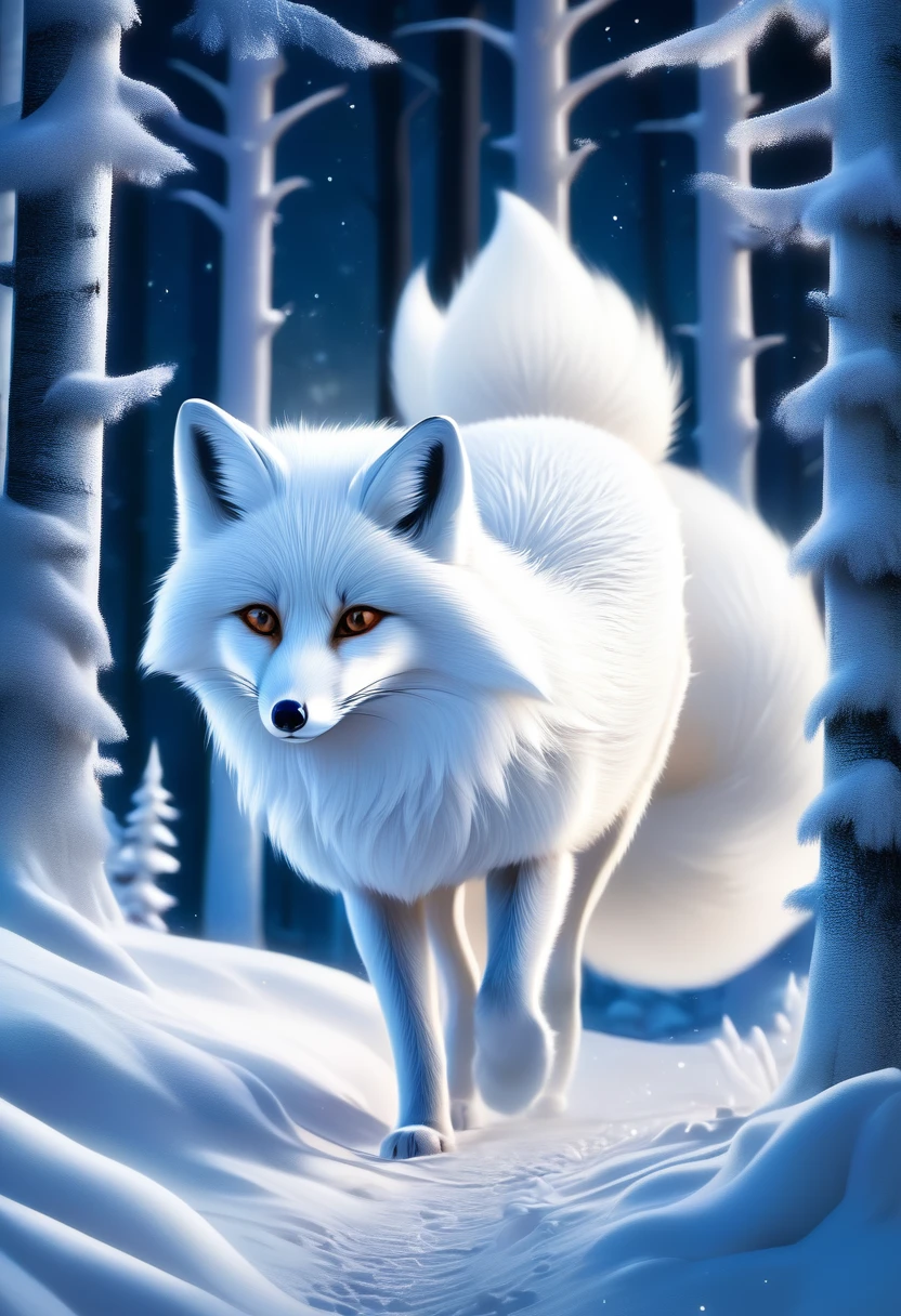 A beautiful and magnificent fluffy white fox walking in a snowy forest in the middle of the night searching for her live, fluffs white tail, high quality, extremely detailed 