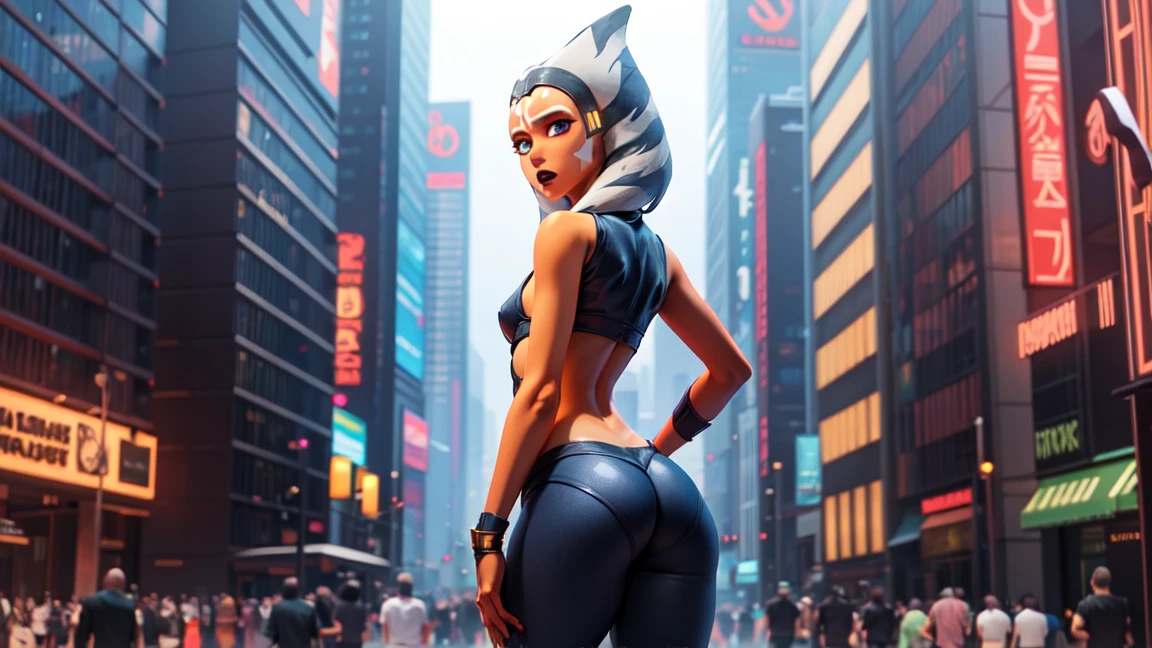 (masterpiece, best quality, ultra-detailed), AhsokaTano, (orange skin:1.2), sexy, young, teen, 13yearold, blue eyes, makeup, small breasts, blue shirt, vambraces, fingerless gloves, hip armor, blue skirt, blue leggings, standing, from behind, looking at viewer, blush,  naughty face, :o, big ass, crowded city street