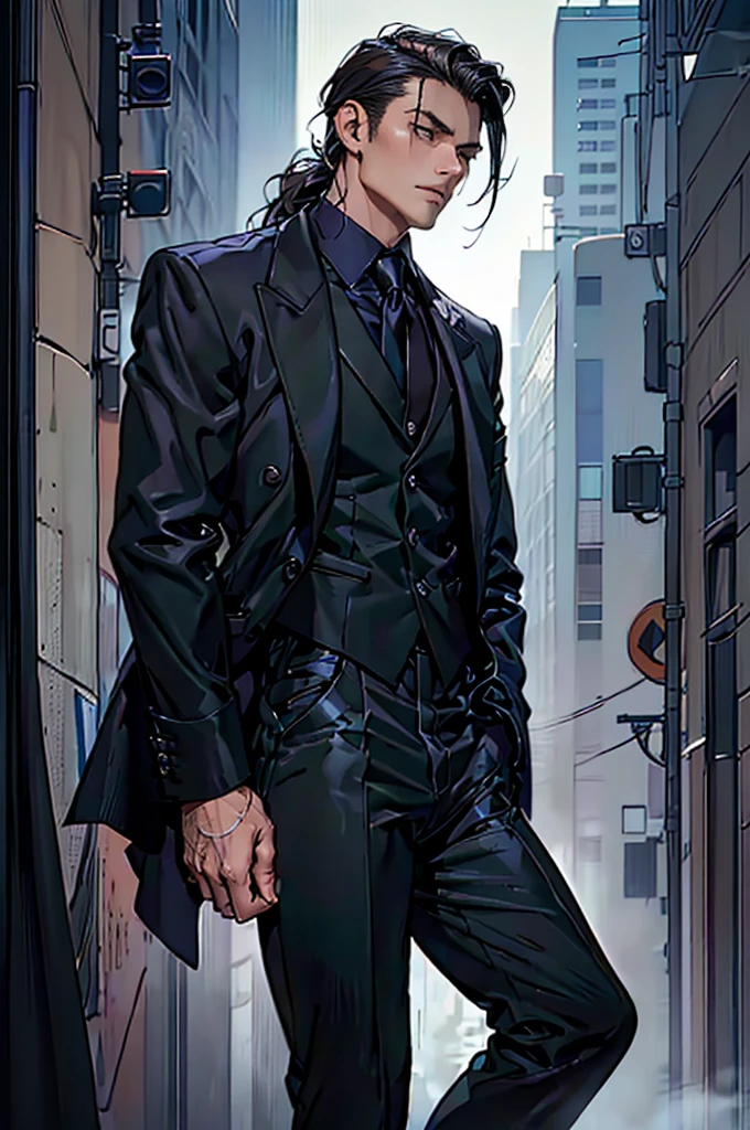 1male, dude, dude city background, cold stare, dead eyes, masterpiece, best quality, highly detailed,((suit, black jacket, black pants, black suit, blue shirt, tight shirt, fancy suit, business suit, open shirt)), ((Leatherboots, militaristic boots, black boots)), long hair, brown hair, ((upper body:1.5)) ((slightly above:1.4))