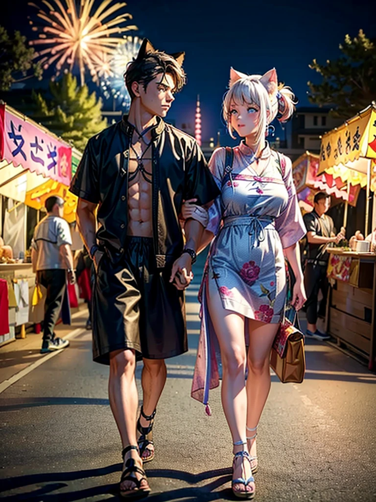 Masterpiece,Highest Resolution,Highest quality,(((Summer festival lovers))),A beautiful boy with a shaved head and a beautiful girl with cat ears walk hand in hand,night,stall,firework,