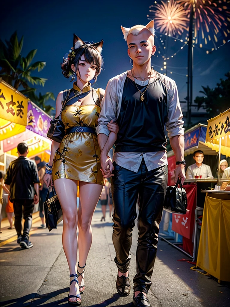 Masterpiece,Highest Resolution,Highest quality,(((Summer festival lovers))),A beautiful boy with a shaved head and a beautiful girl with cat ears walk hand in hand,night,stall,firework,