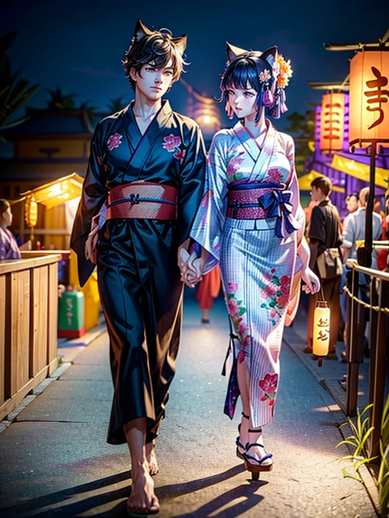 Masterpiece,Highest Resolution,Highest quality,(((Summer festival lovers))),A beautiful boy with a shaved head and a beautiful girl with cat ears walk hand in hand,night,stall,firework,(((yukata))),