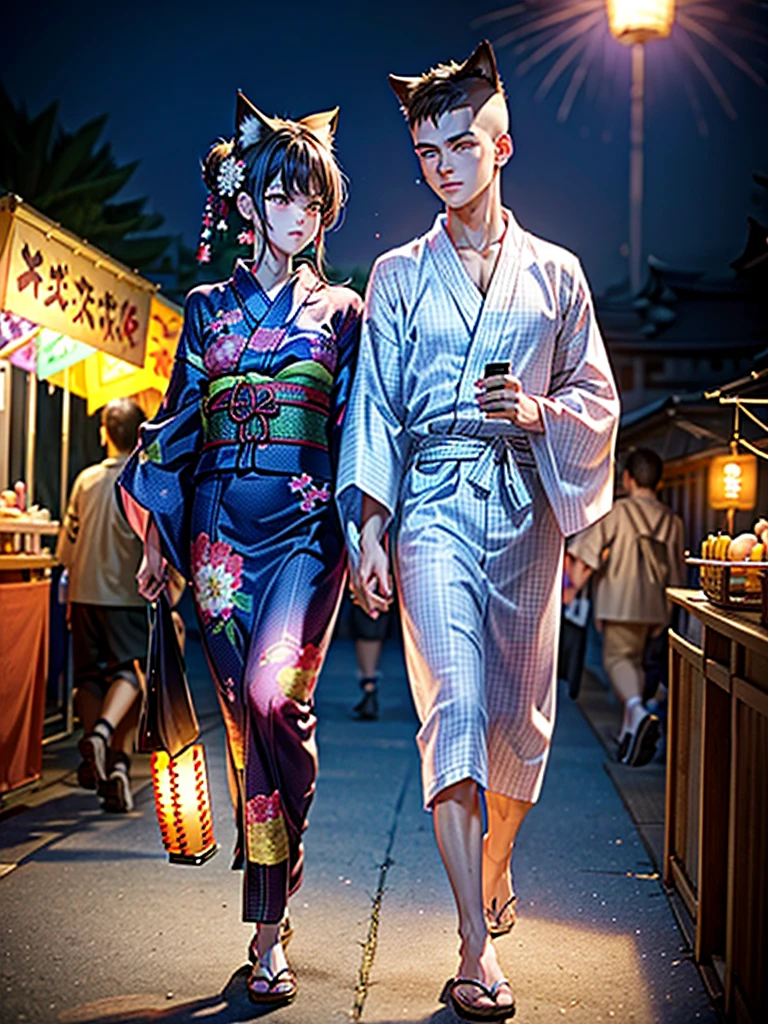 Masterpiece,Highest Resolution,Highest quality,(((Summer festival lovers))),A beautiful boy with a shaved head and a beautiful girl with cat ears walk hand in hand,night,stall,firework,(((yukata))),