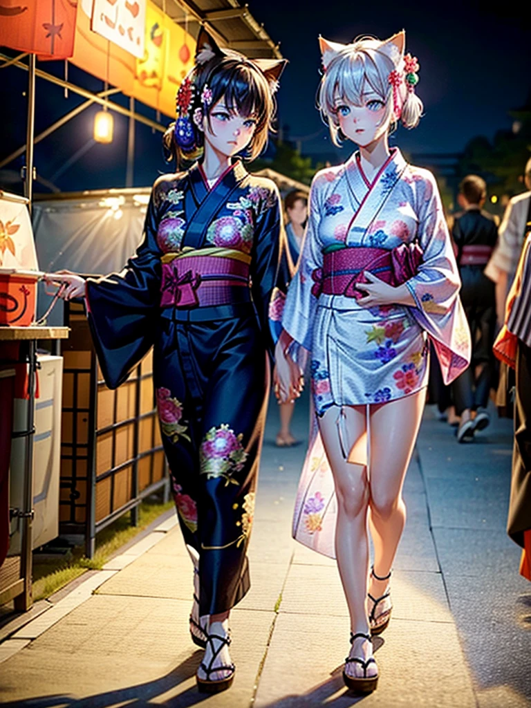 Masterpiece,Highest Resolution,Highest quality,(((Summer festival lovers))),A beautiful boy with a shaved head and a beautiful girl with cat ears walk hand in hand,night,stall,firework,(((yukata))),