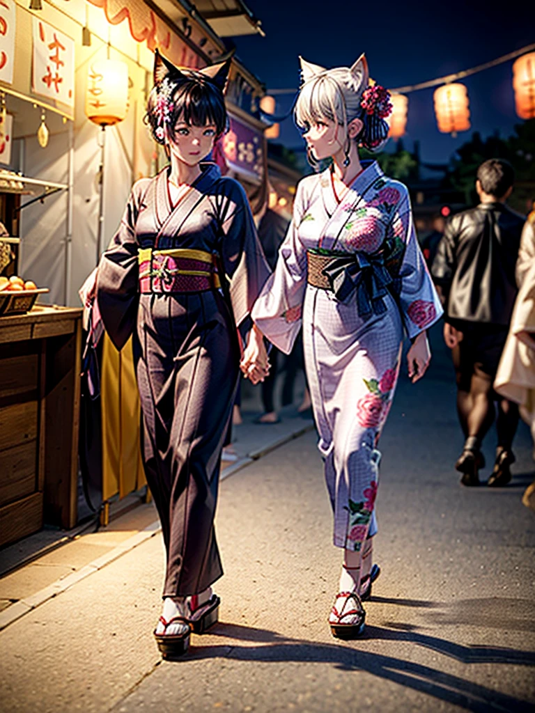 Masterpiece,Highest Resolution,Highest quality,(((Summer festival lovers))),A beautiful boy with a shaved head and a beautiful girl with cat ears walk hand in hand,night,stall,firework,(((yukata))),