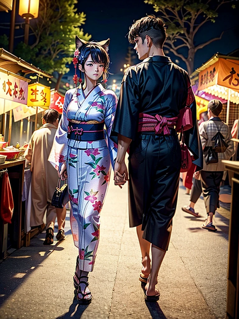 Masterpiece,Highest Resolution,Highest quality,(((Summer festival lovers))),A beautiful boy with a shaved head and a beautiful girl with cat ears walk hand in hand,night,stall,firework,(((yukata))),