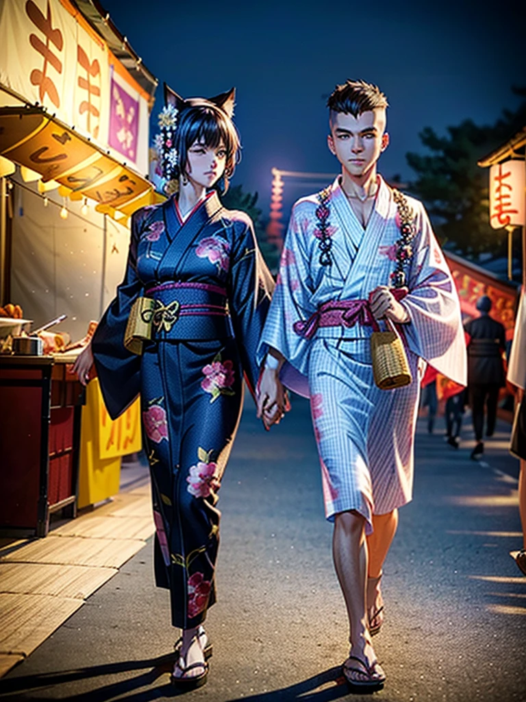 Masterpiece,Highest Resolution,Highest quality,(((Summer festival lovers))),A beautiful boy with a shaved head and a beautiful girl with cat ears walk hand in hand,night,stall,firework,(((yukata))),