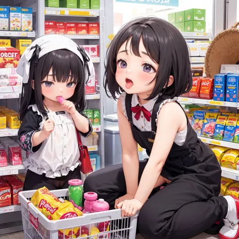 Girl shopping at the supermarket、There are items in the basket、Pick up and select the product、Merchandise Shed、Have a basket、Ins...