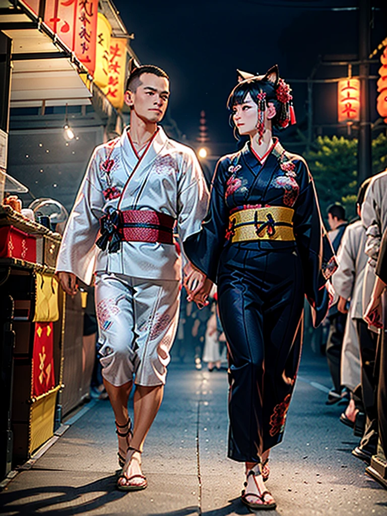 Masterpiece,Highest Resolution,Highest quality,(((Summer festival lovers))),A beautiful boy with a shaved head and a beautiful girl with cat ears walk hand in hand,night,stall,firework,(((yukata))),