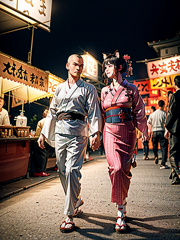 Masterpiece,Highest Resolution,Highest quality,(((Summer festival lovers))),A beautiful boy with a shaved head and a beautiful girl with cat ears walk hand in hand,night,stall,firework,(((yukata))),